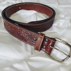 Genuine leather brown floral belt large